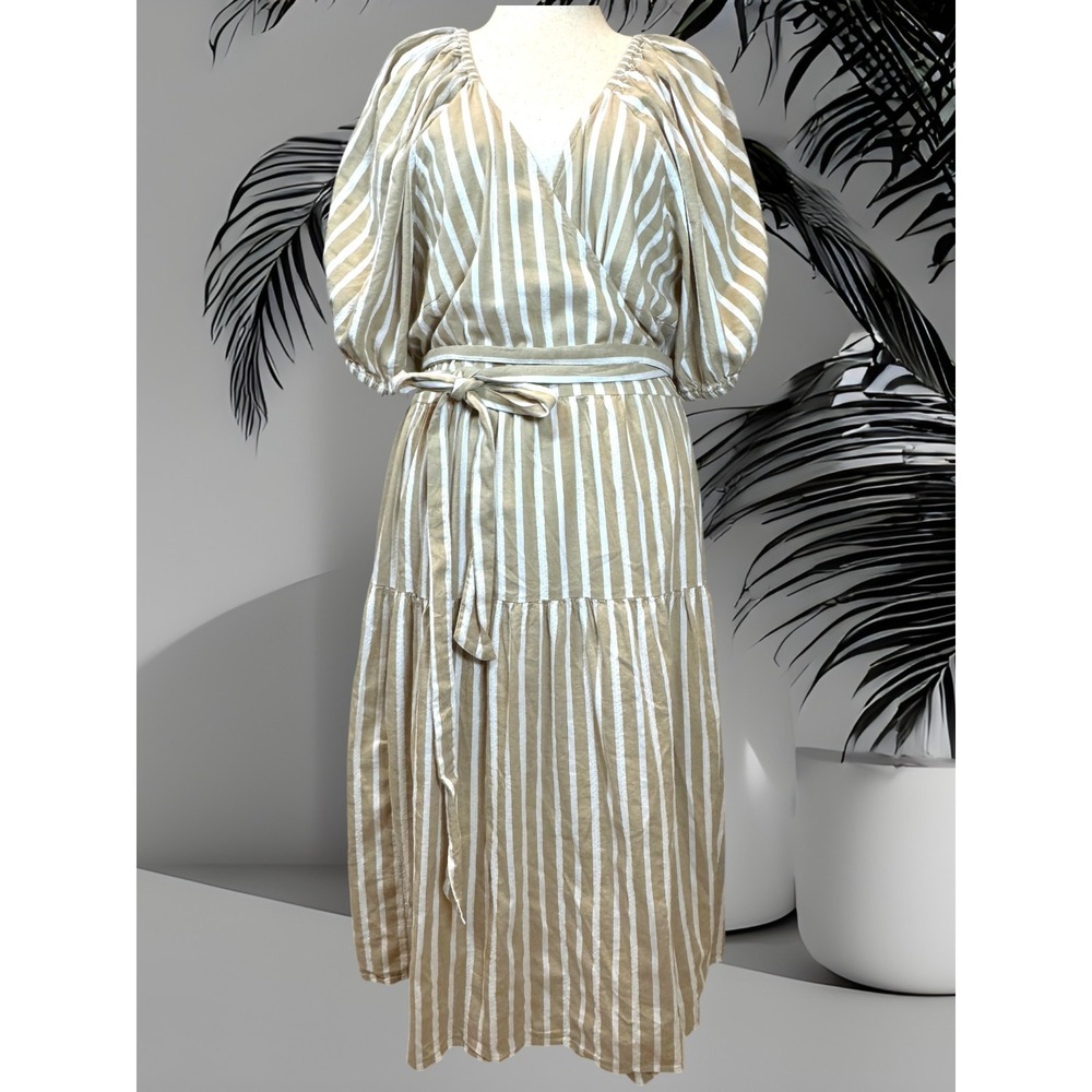 Old Navy NWT 3X True Wrap Maxi Dress Tan White Dobby Stripe Puff Sleeve
